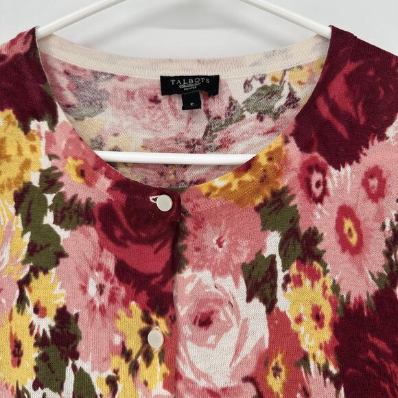 Talbots Sweater Womens Petite Small Pink Red Yellow Floral Silk Cotton Cardigan - Picture 2 of 9